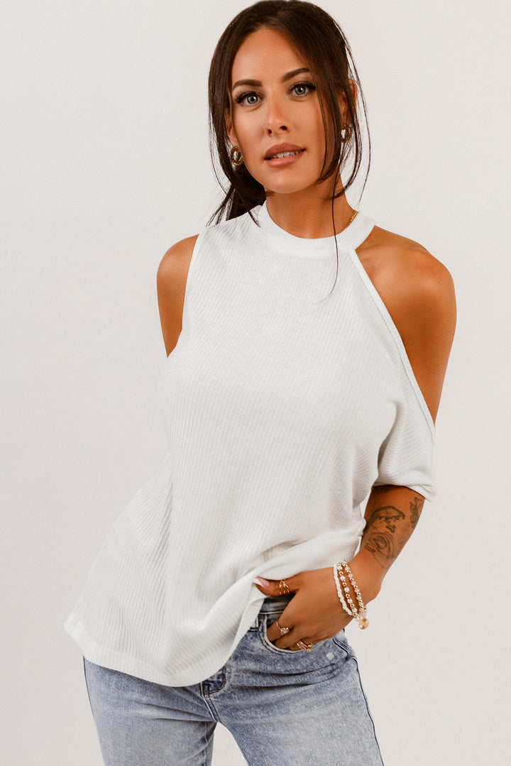 Ribbed Zip-Back Cold-Shoulder Top