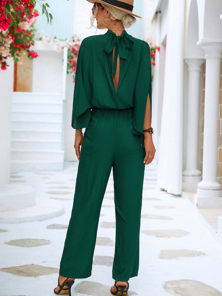 Tie Back Mock Neck Split Sleeve Jumpsuit