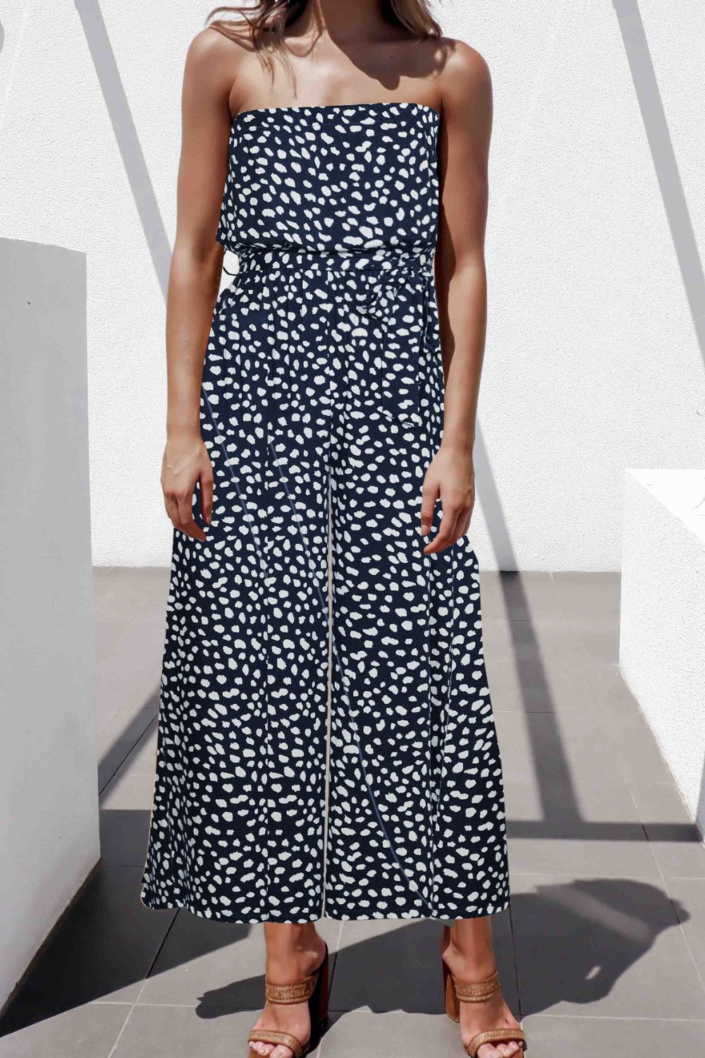 Printed Strapless Tie Waist Wide Leg Jumpsuit