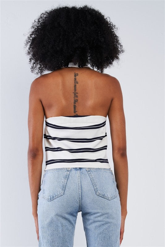 Stripe Sleeveless Front Zipper Cropped Top