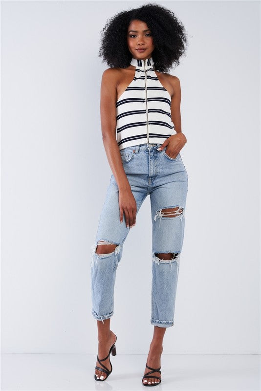 Stripe Sleeveless Front Zipper Cropped Top