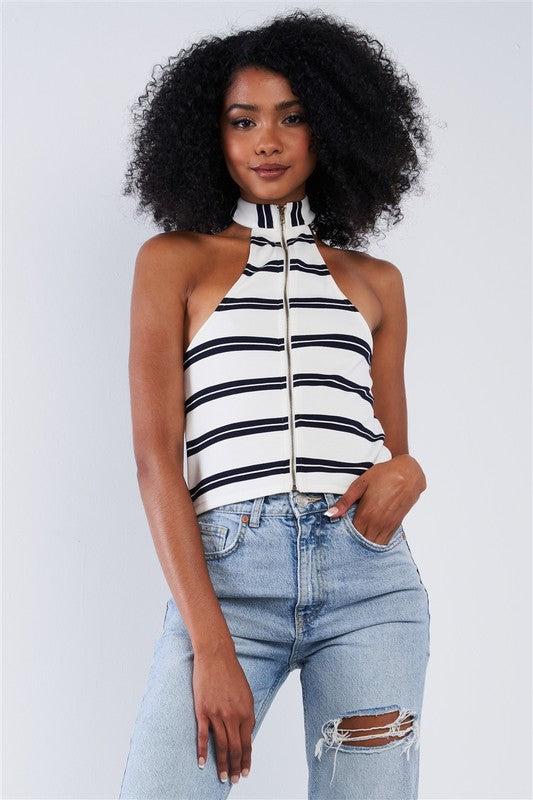 Stripe Sleeveless Front Zipper Cropped Top