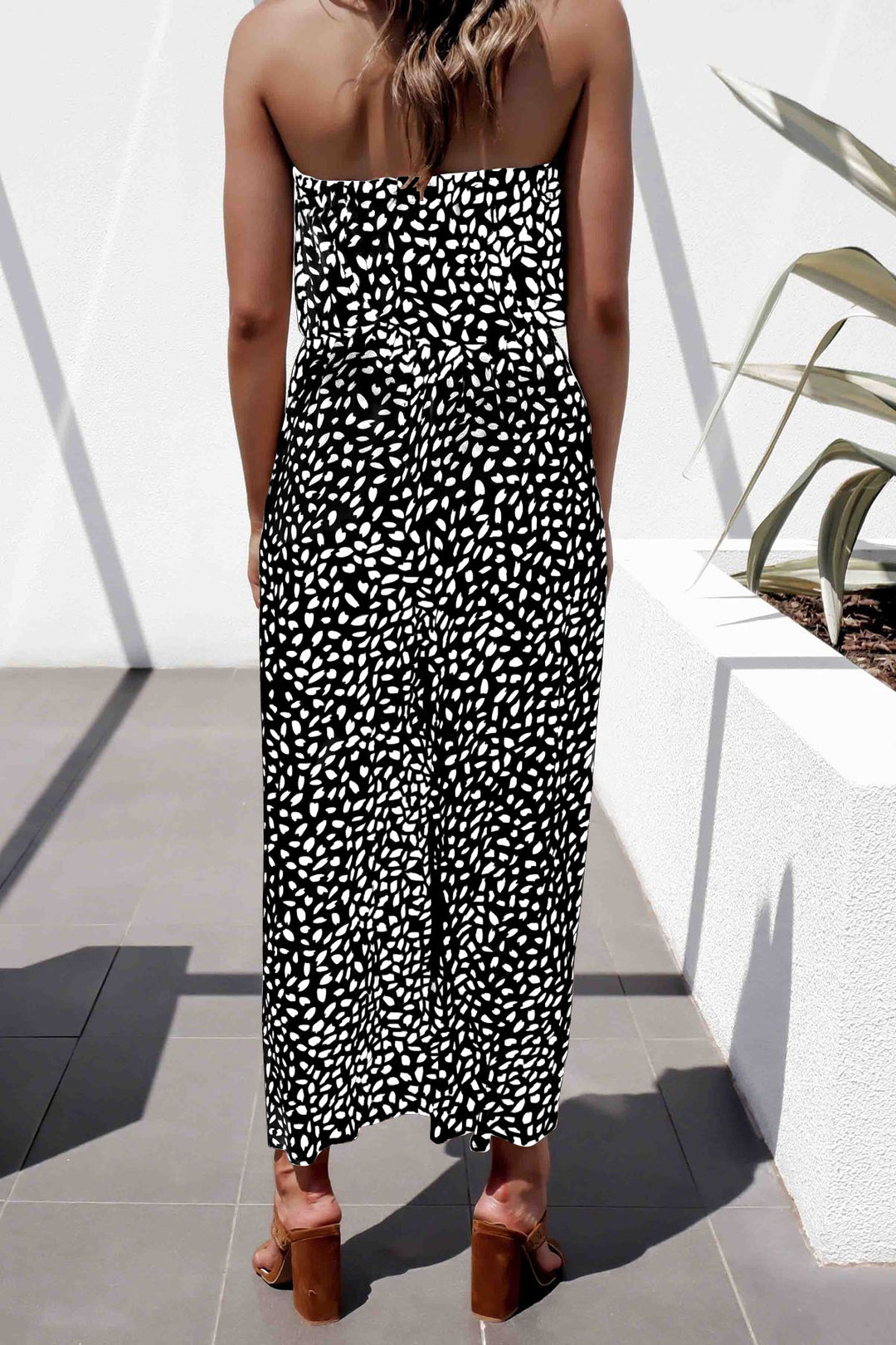 Printed Strapless Tie Waist Wide Leg Jumpsuit