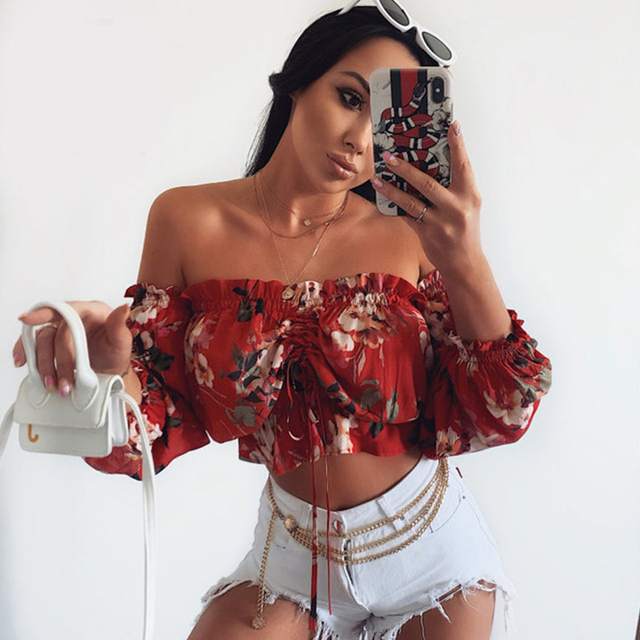 Long Sleeve Low Cut Floral Crop Top