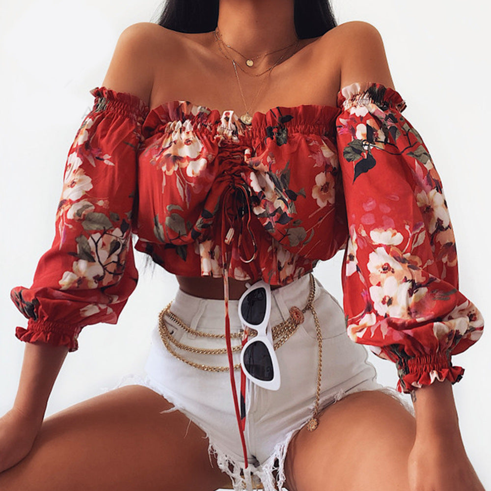 Long Sleeve Low Cut Floral Crop Top