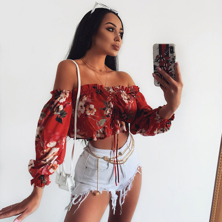 Long Sleeve Low Cut Floral Crop Top