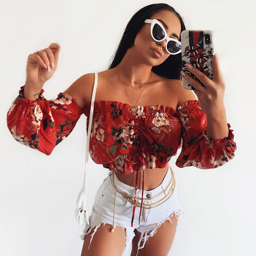 Long Sleeve Low Cut Floral Crop Top