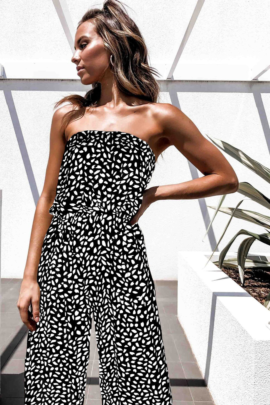 Printed Strapless Tie Waist Wide Leg Jumpsuit