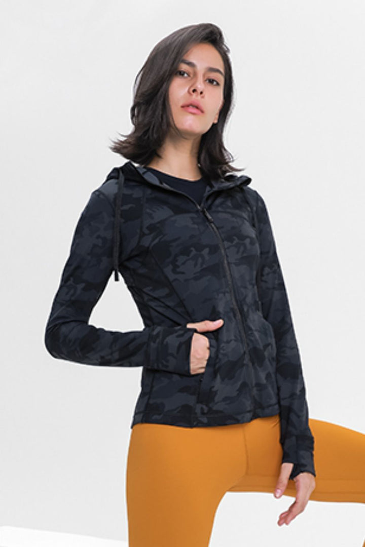 Drawstring Detail Zip Up Sports Jacket with Pockets