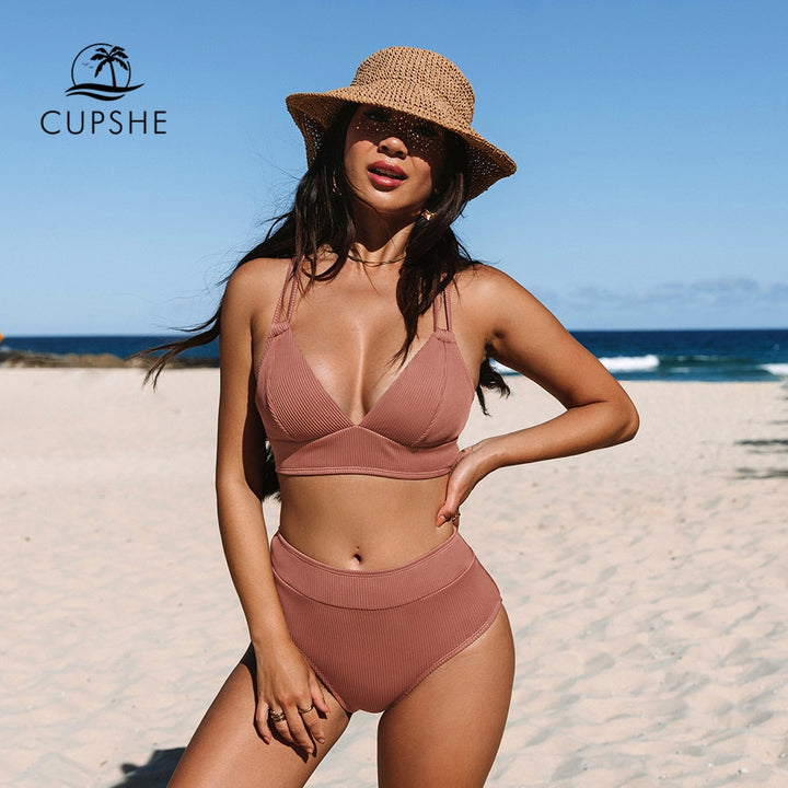 CUPSHE Ribbed Lace Up Back High Waist Bikini Sets Swimsuit