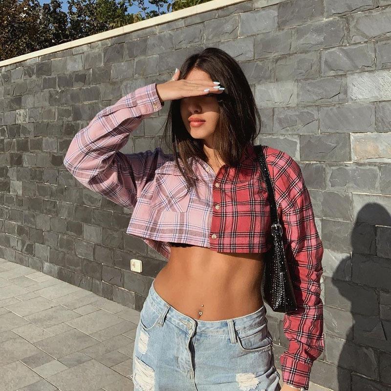 Long Sleeve Plaid Crop Top