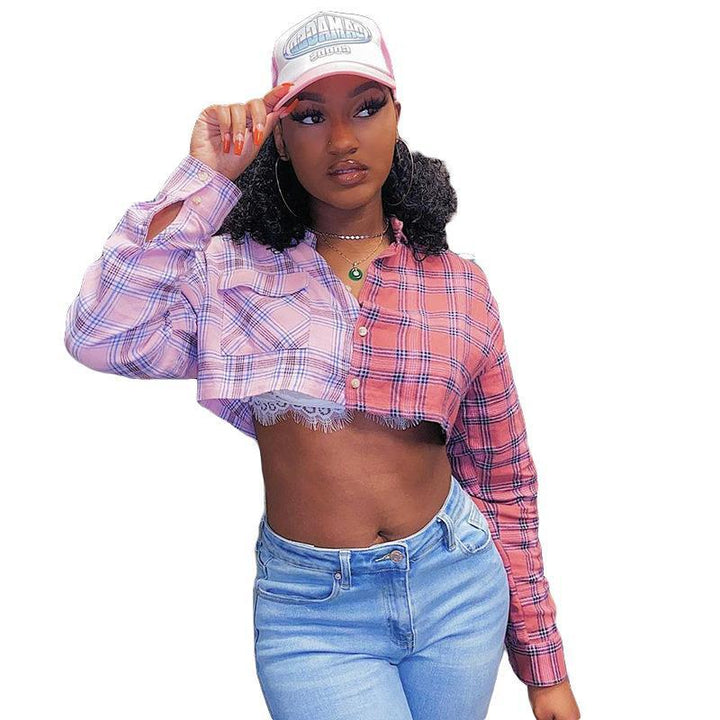 Long Sleeve Plaid Crop Top