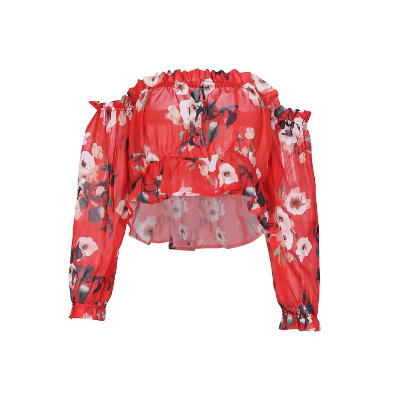 Long Sleeve Low Cut Floral Crop Top