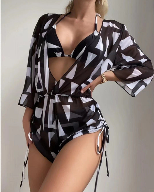 Tropical Print Bikini Deep V-neck Long Sleeve Three Pieces Set