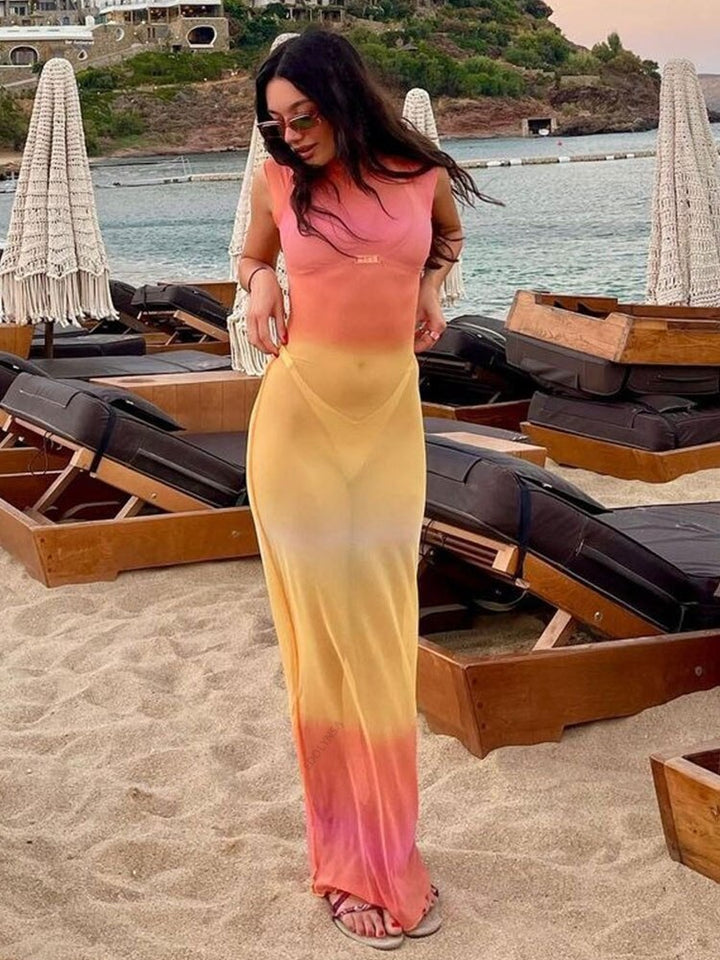 Mesh Micro Transparent Gradient Tight Maxi Coverup Dress