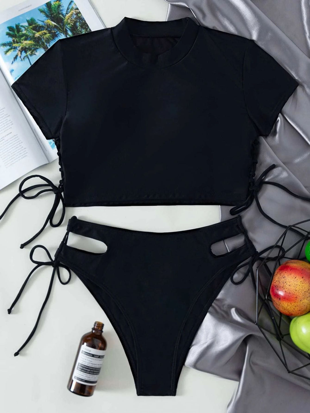 Cut Out Side Tie Bikini Tee Swimsuit