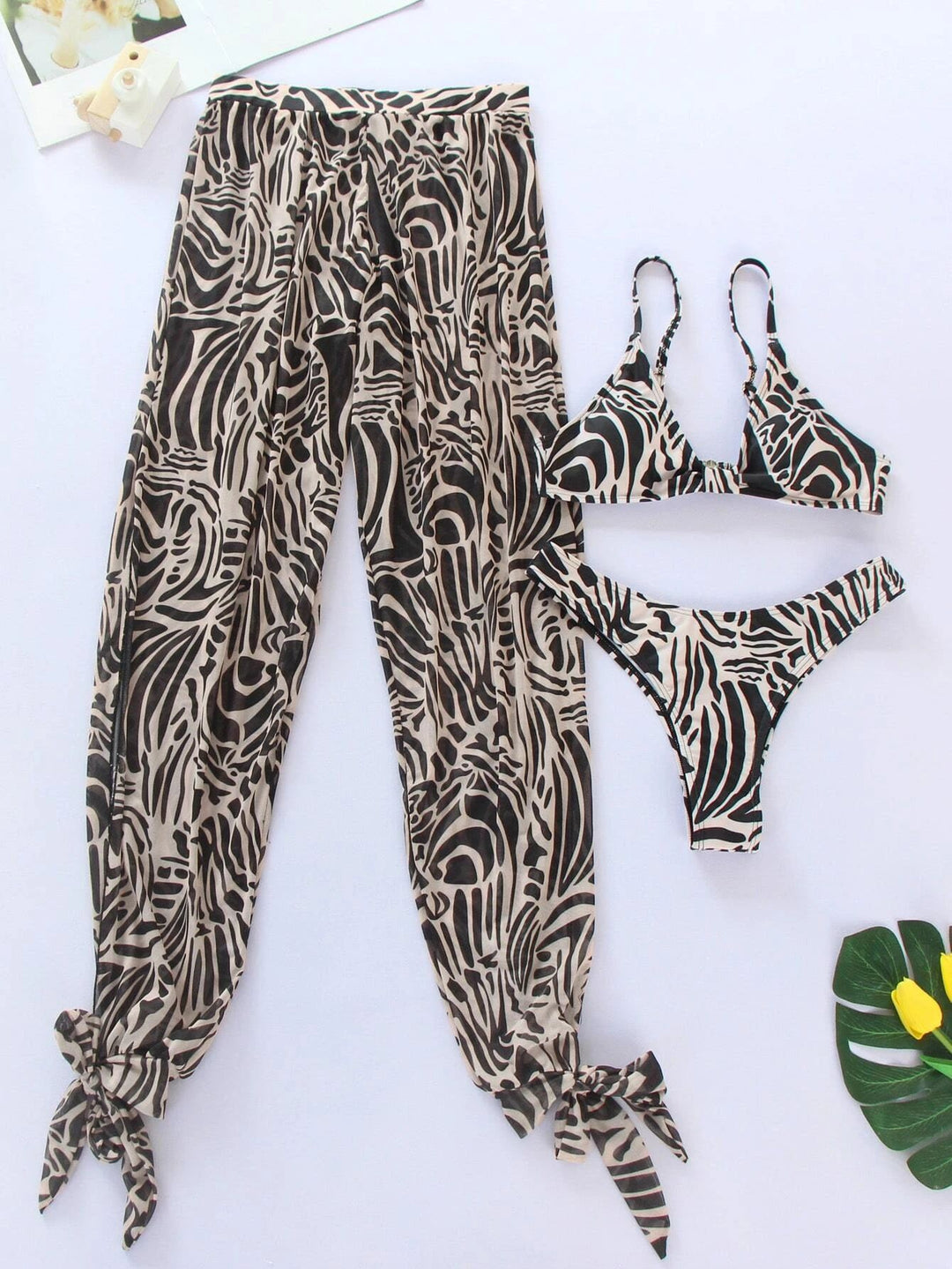 3 Pieces Zebra Striped Bikini With Beach Pants Set