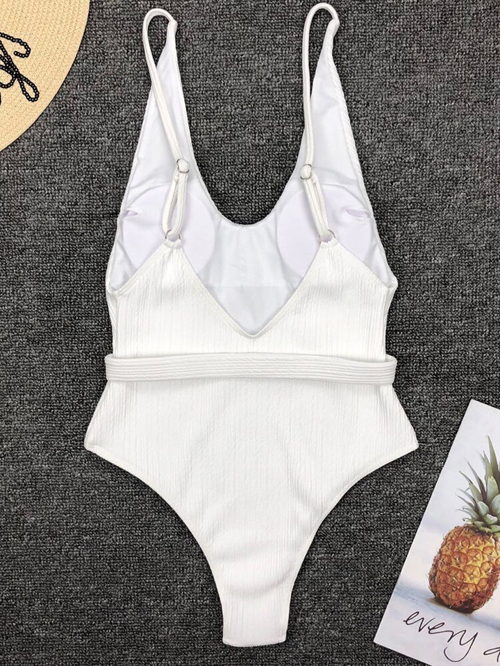 Rib Belt One Piece Slimming Swimsuit