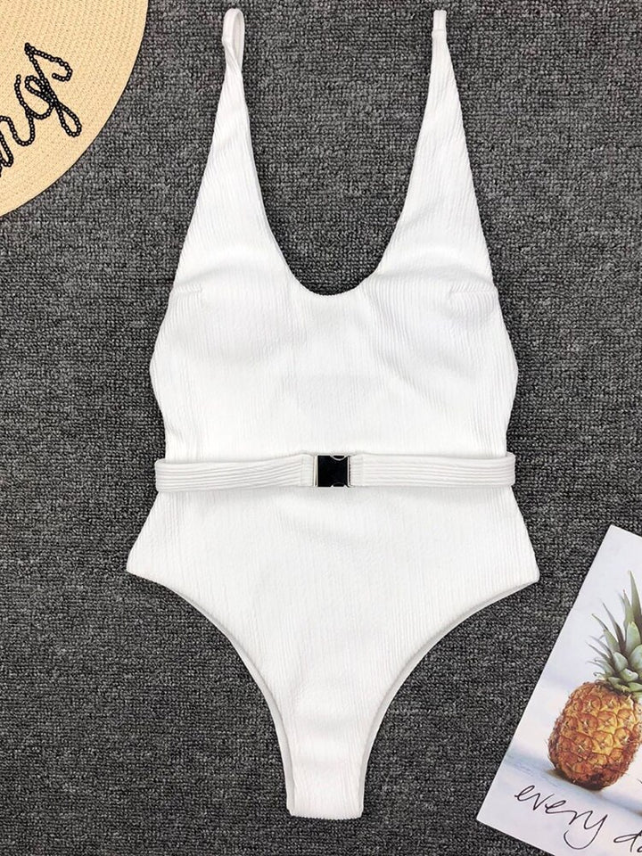 Rib Belt One Piece Slimming Swimsuit