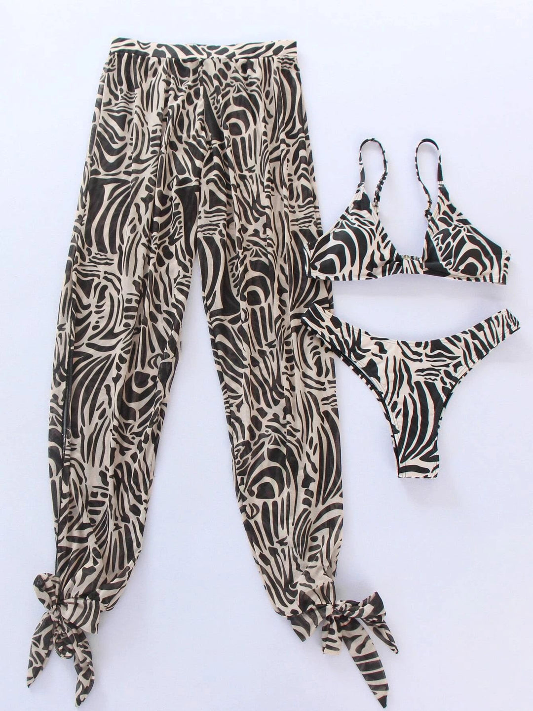 3 Pieces Zebra Striped Bikini With Beach Pants Set