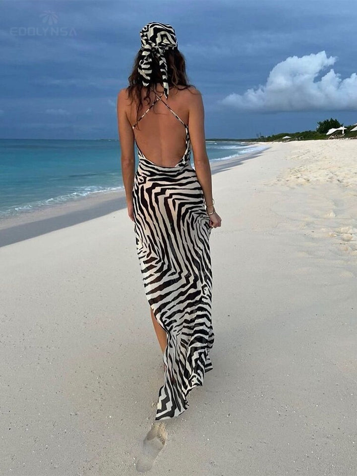 Zebra Spaghetti Strap Side Split Beach Sundress