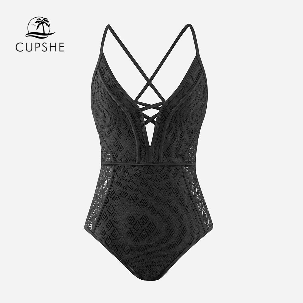 CUPSHE Black Lace Plunge One-Piece Swimsuit Lace Up Back Monokini