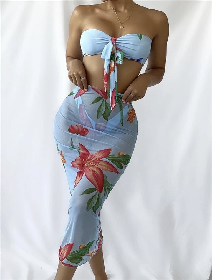 Three Pieces Floral Print Bandeau Bikini with Cover Up Skirt