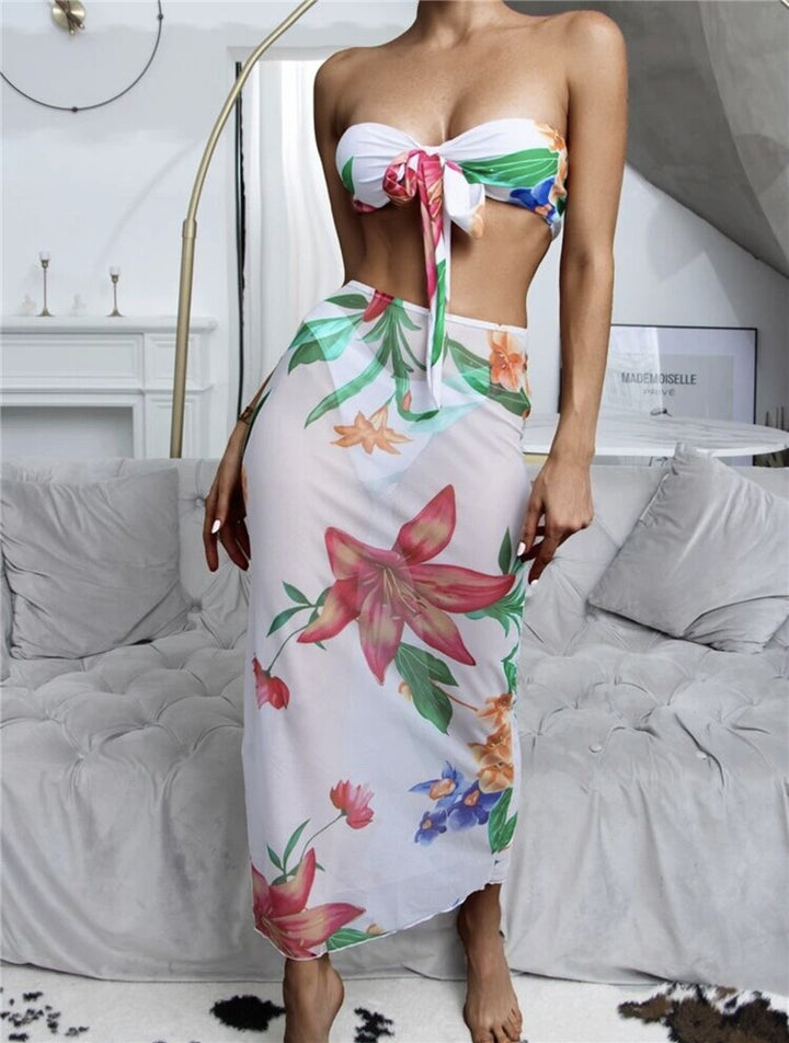 Three Pieces Floral Print Bandeau Bikini with Cover Up Skirt