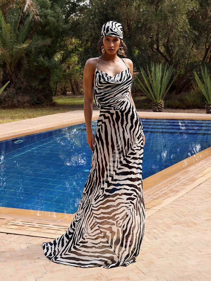 Zebra Spaghetti Strap Side Split Beach Sundress