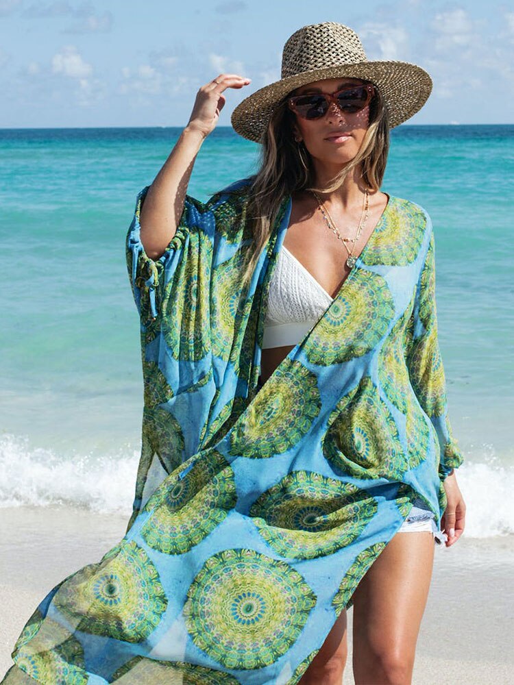 Causal Printed Tunic Long Sleeve Kimono Cover Up