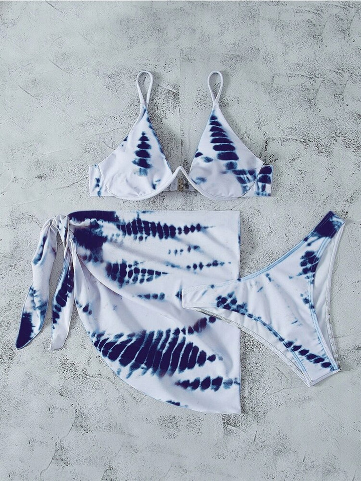 Three Piece Tie Dye Underwire Bikini With Beach Skirt Set