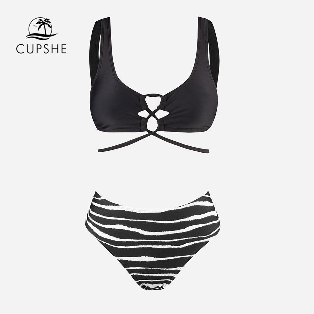 CUPSHE Tunnelled Wrap Tie Mid Waist Bikini Sets Swimsuit