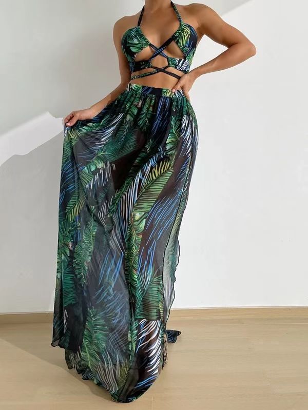 Three Piece Bikini Swimsuit Maxi Dress Halter Bikini Set