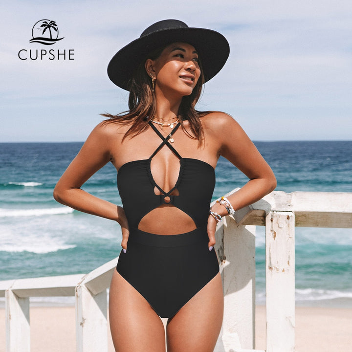 Cut Out One-Piece Drawstring Swimsuit