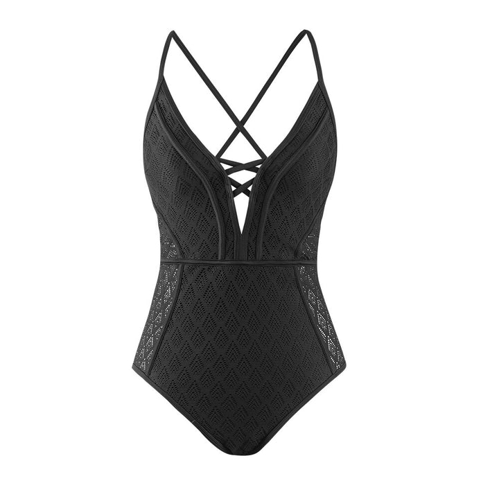 CUPSHE Black Lace Plunge One-Piece Swimsuit Lace Up Back Monokini