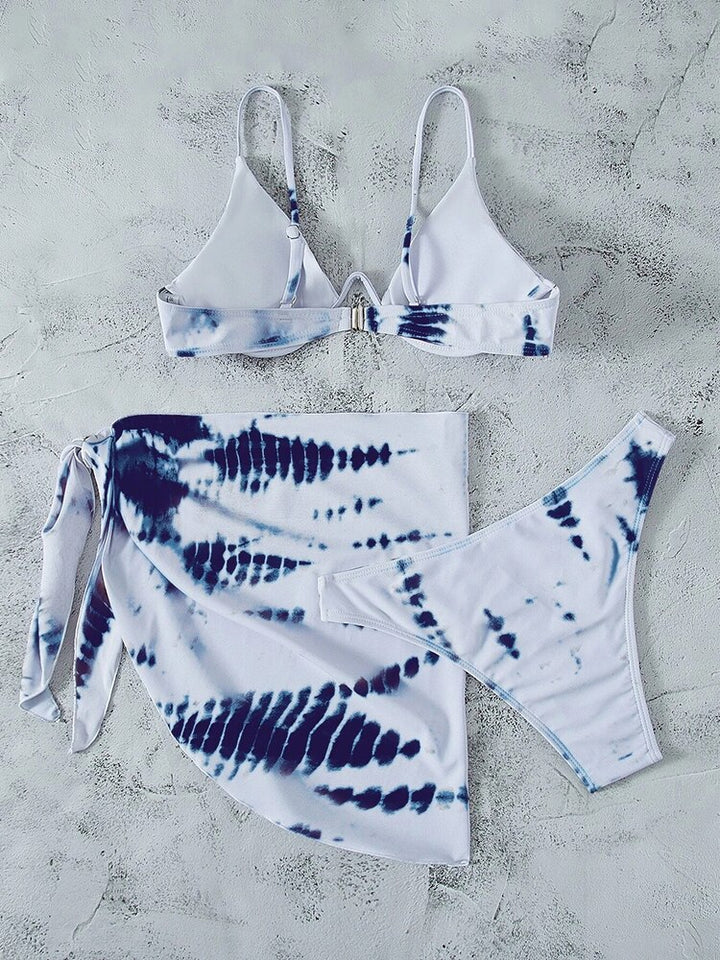 Three Piece Tie Dye Underwire Bikini With Beach Skirt Set