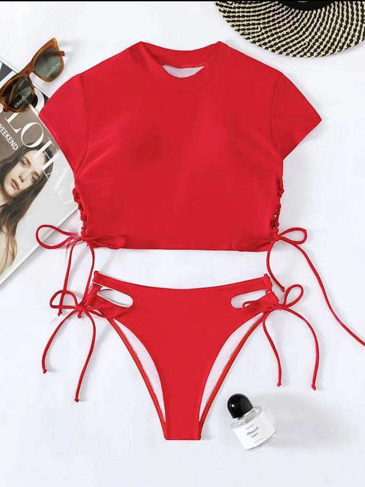 Cut Out Side Tie Bikini Tee Swimsuit