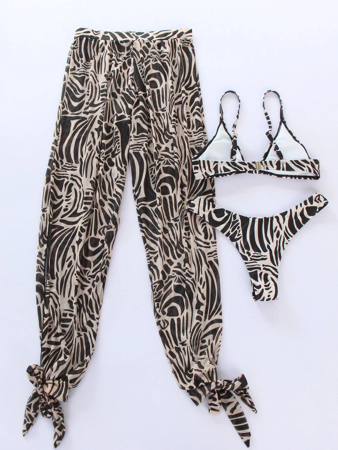 3 Pieces Zebra Striped Bikini With Beach Pants Set