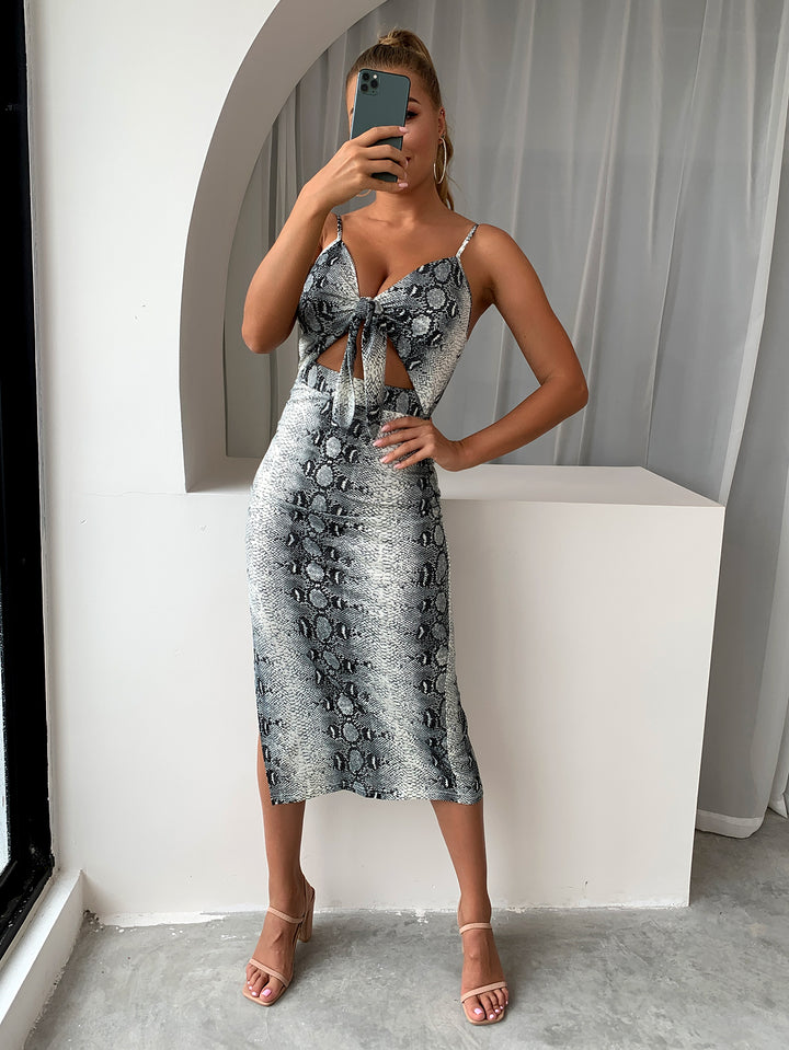 Snakeskin Print Cutout Spaghetti Strap Slit Dress