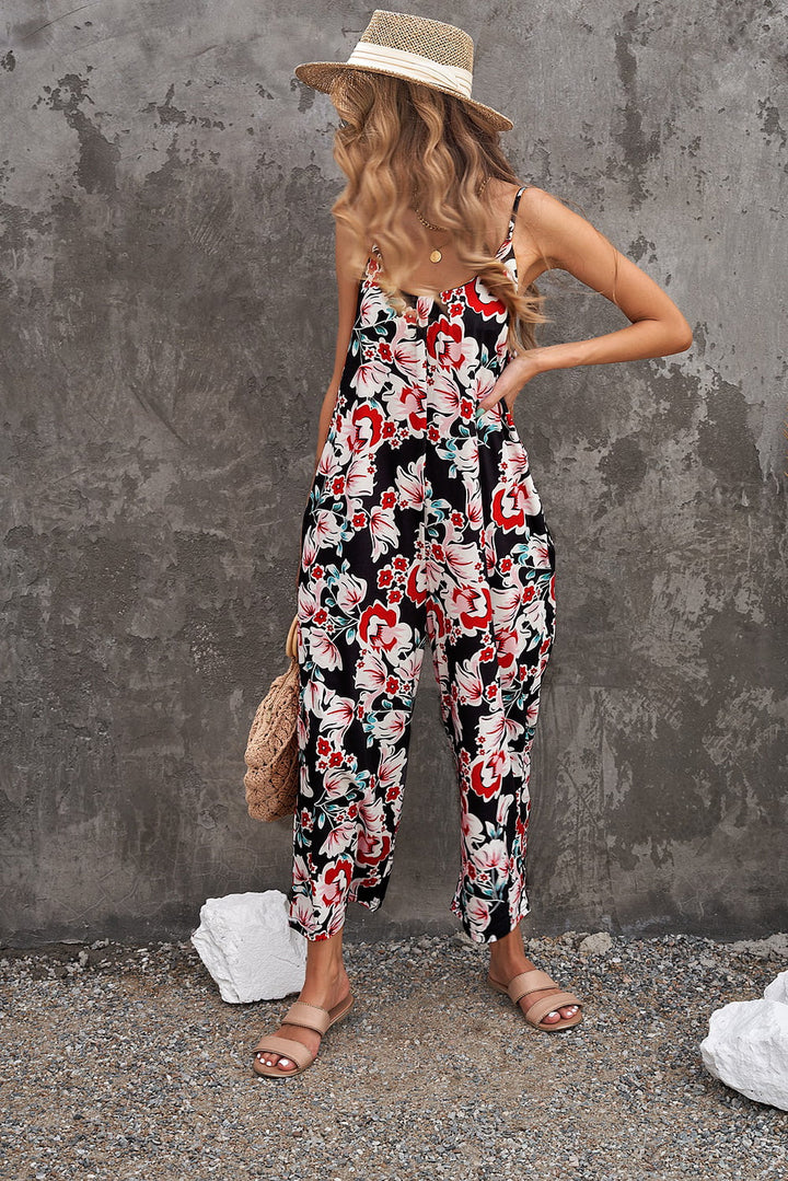 Botanical Print Spaghetti Strap Cropped Jumpsuit