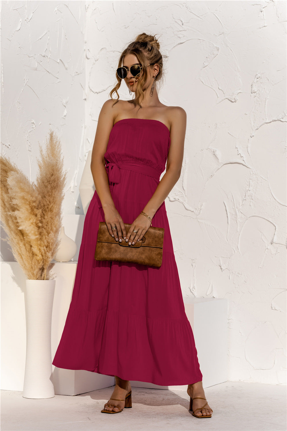 Strapless Tie Waist Tiered Maxi Dress