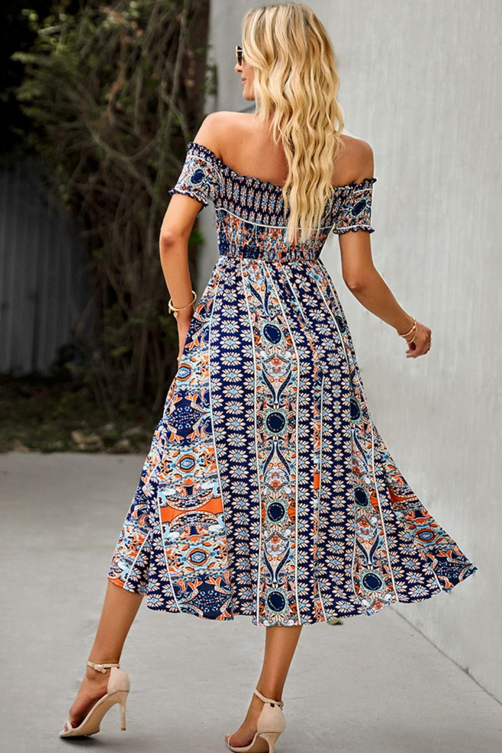 Bohemian Off-Shoulder Frill Trim Split Dress